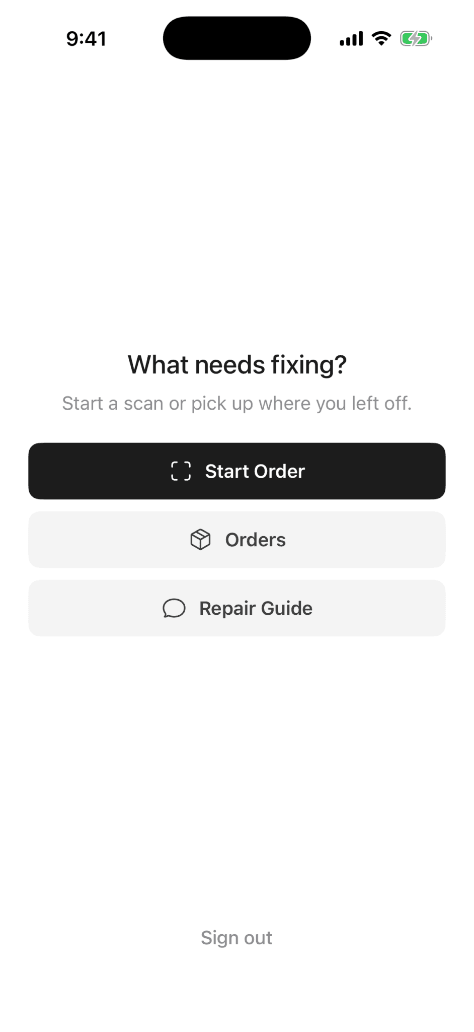 Patcher iPhone app home screen showing start order, orders, and repair guide actions